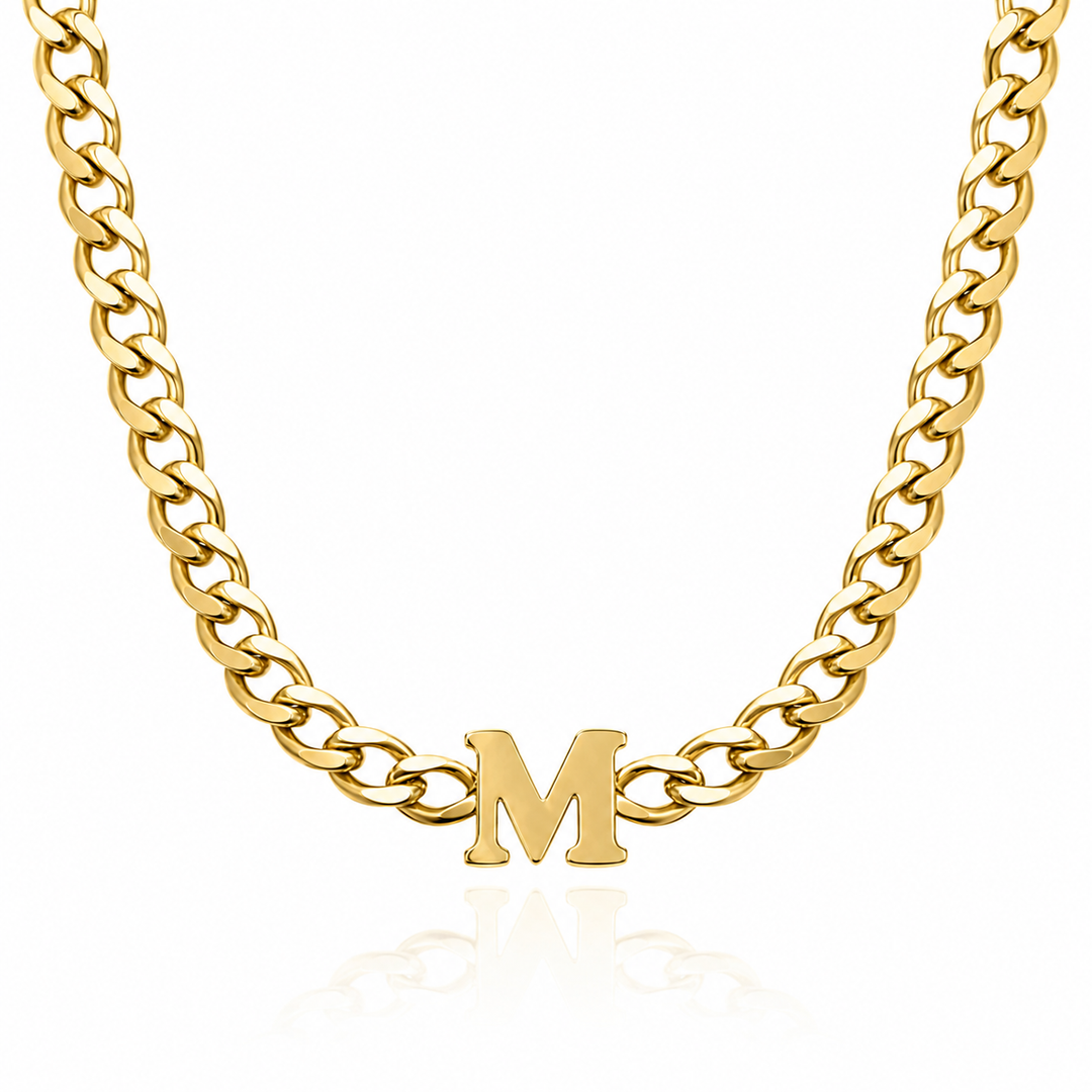 Gold Cuban link initial necklace with letter M