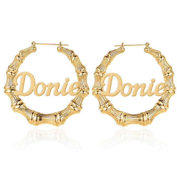 Custom bamboo name hoop earrings in gold
