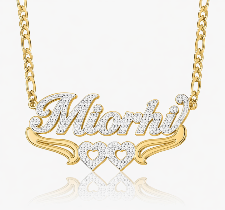 Double Plated Twin Heart Name Necklace With Figaro Chain