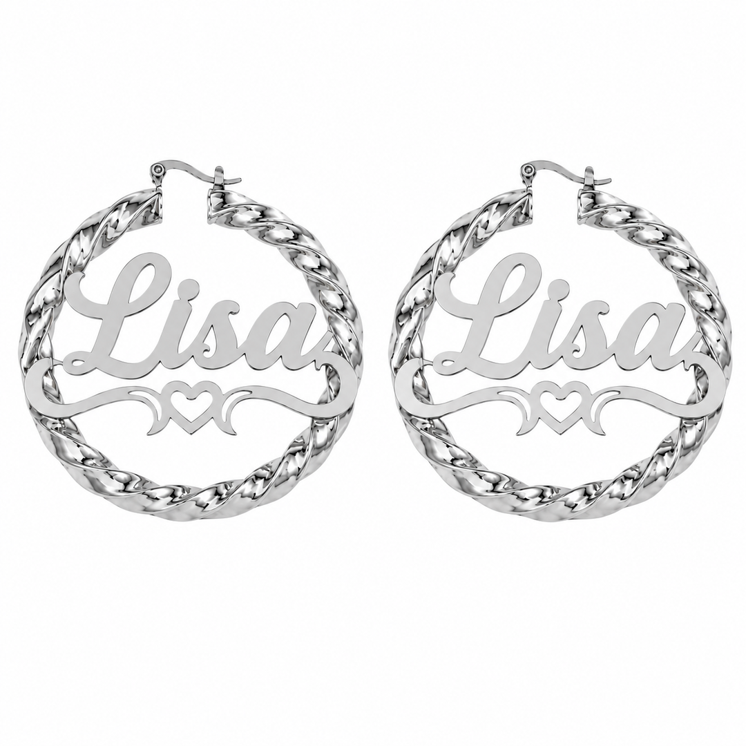 Heart Twisted Rope Name Hoop Earrings