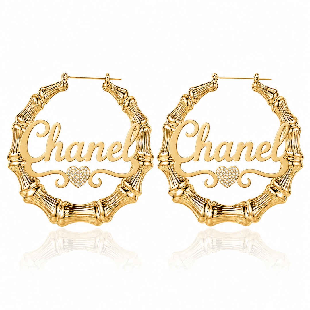 Custom Bamboo Name Hoop Earrings - Silver