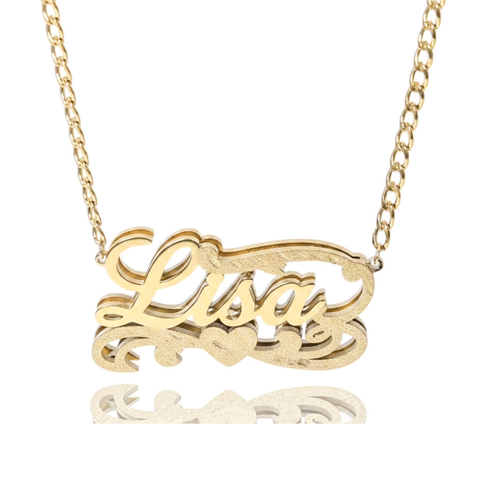 Kids Double Plated Filigree Heart Script Name Necklace W/Cuban Link Chain