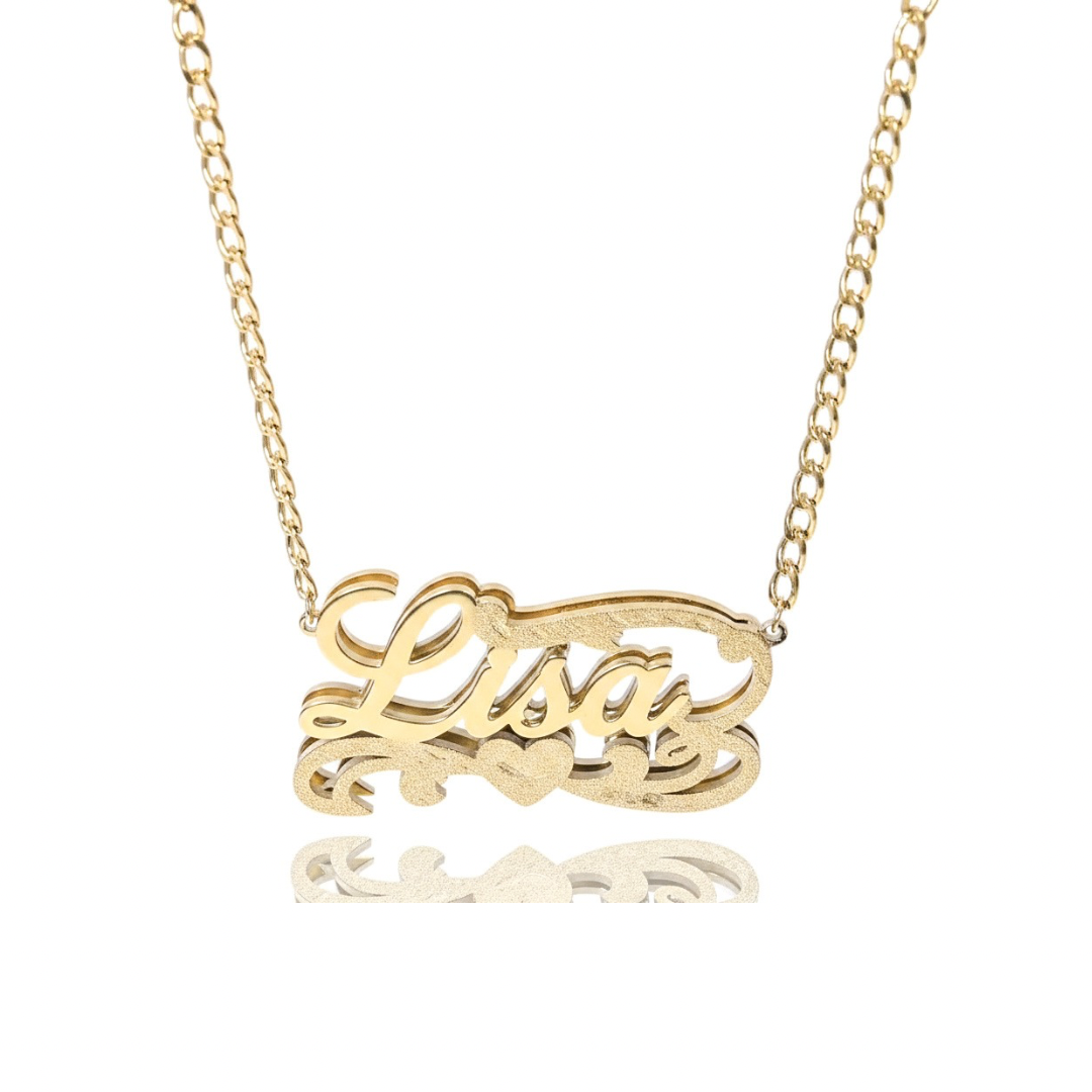 Kids Double Plated Filigree Heart Script Name Necklace W/Cuban Link Chain