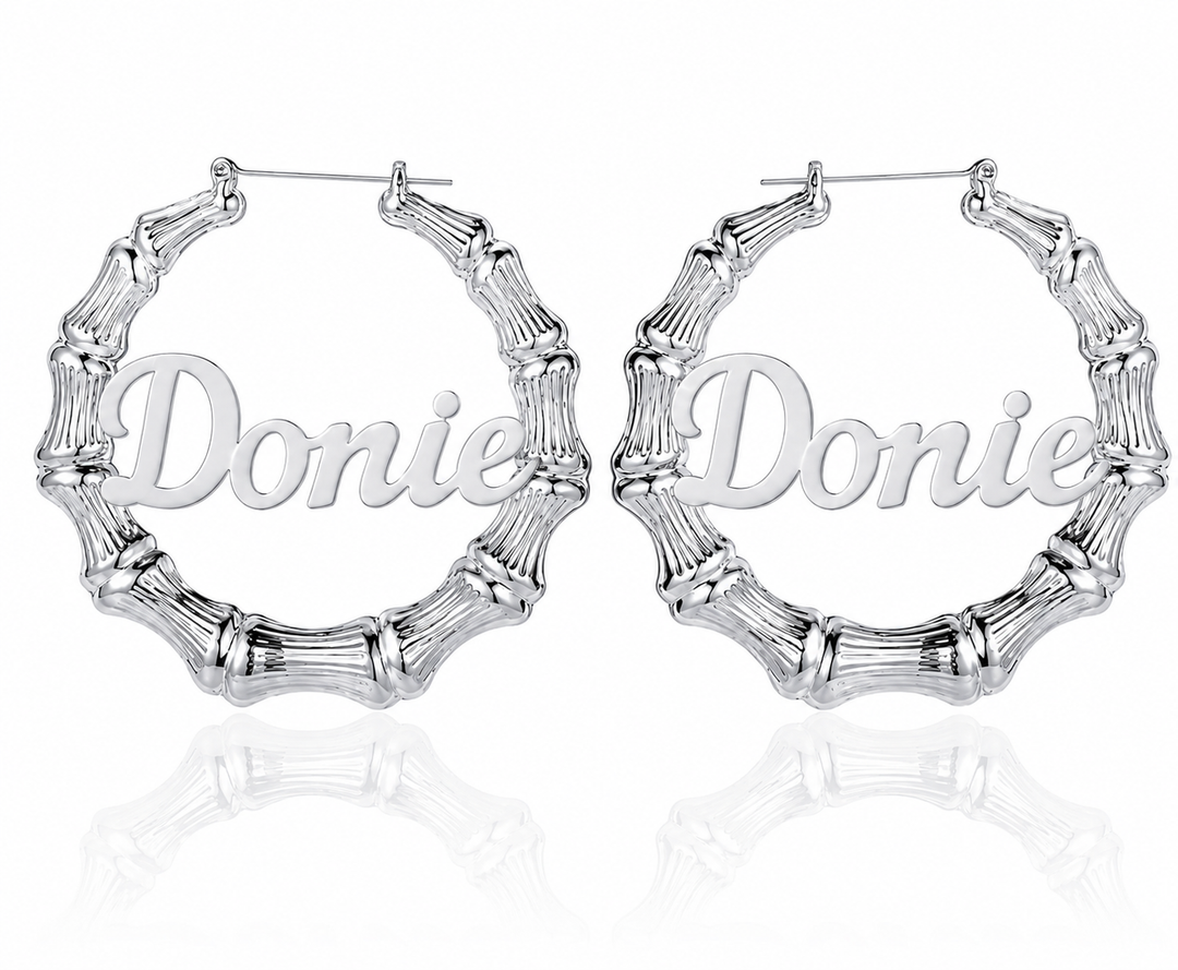 Custom bamboo name hoop earrings in silver