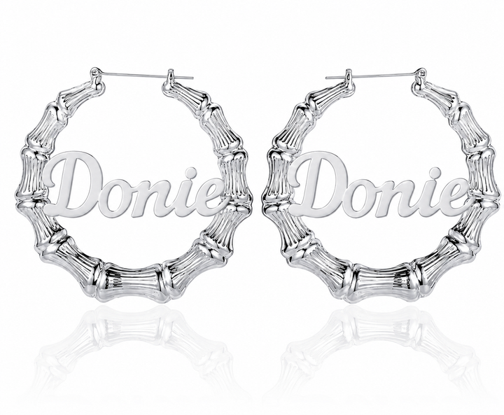 Custom bamboo name hoop earrings in silver