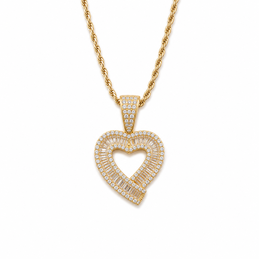 Iced out open heart pendant necklace with baguette and round CZ stones on a gold rope chain