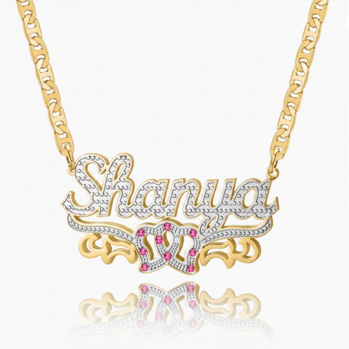 Kids Double Plated Pink Stone Heart Name Necklace W/Mariner Chain