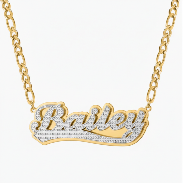 Double Plated Scroll Name Necklace W/Figaro Chain