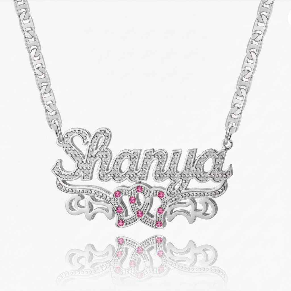Kids Double Plated Pink Stone Heart Name Necklace W/Mariner Chain