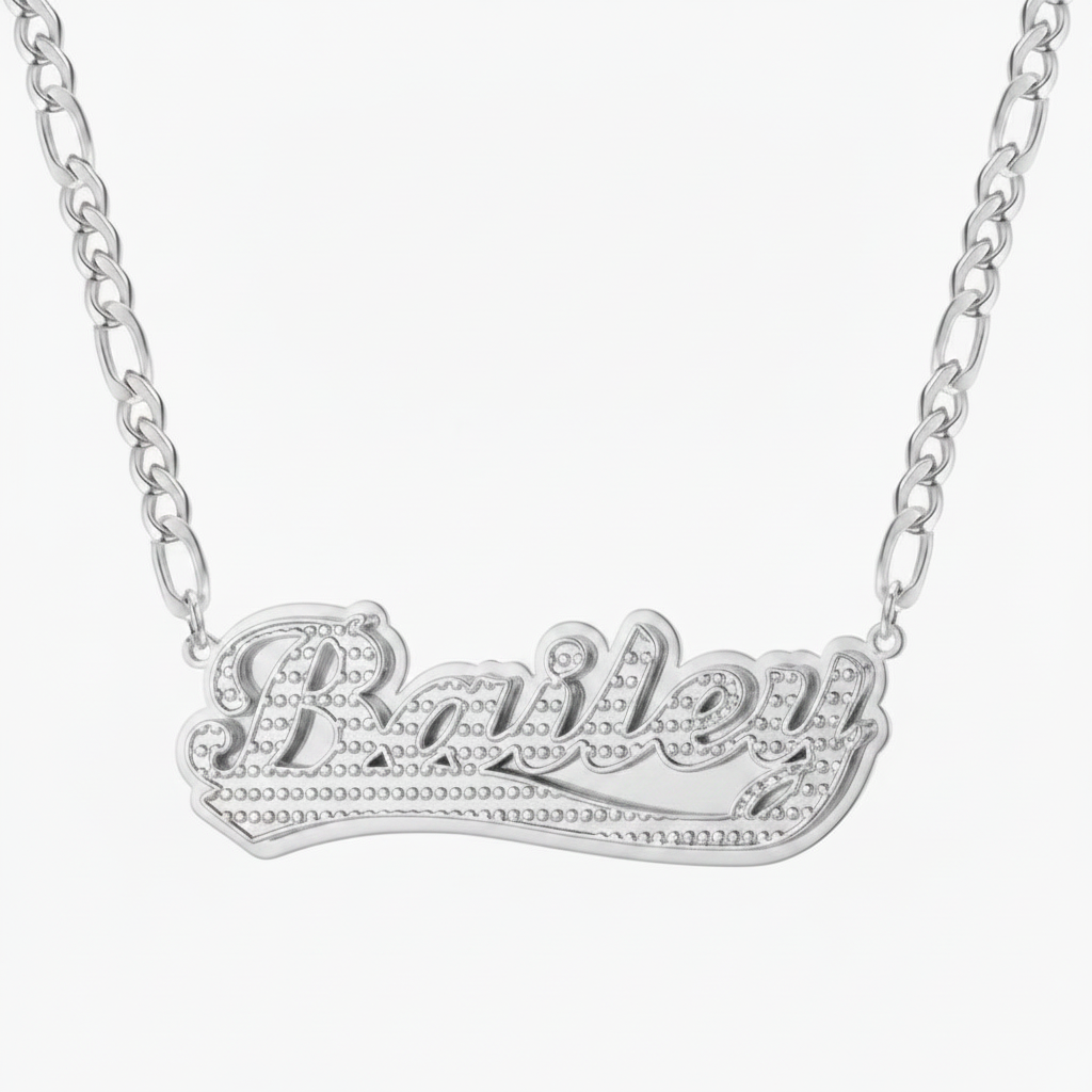Double Plated Scroll Name Necklace W/Figaro Chain