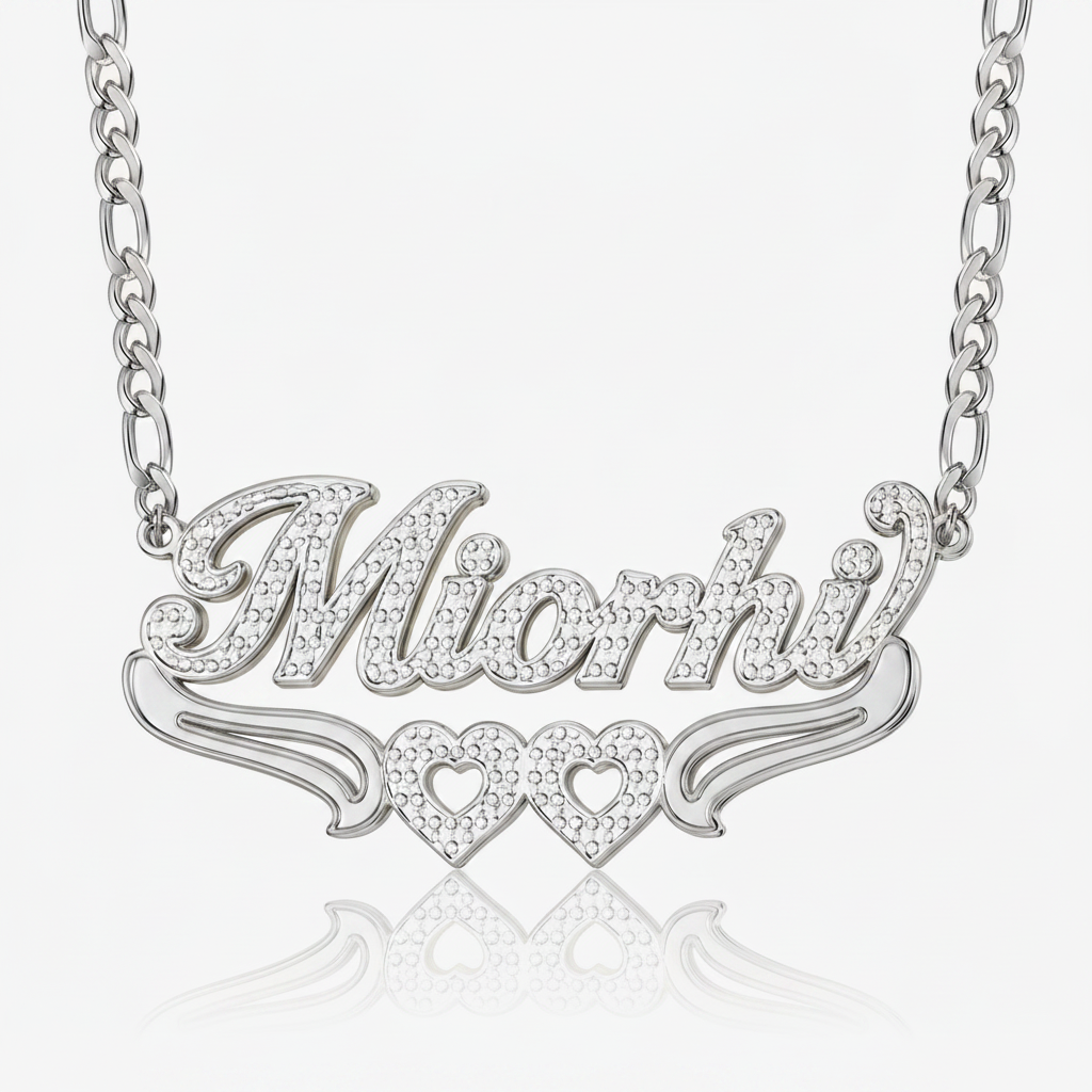 Double Plated Twin Heart Name Necklace With Figaro Chain