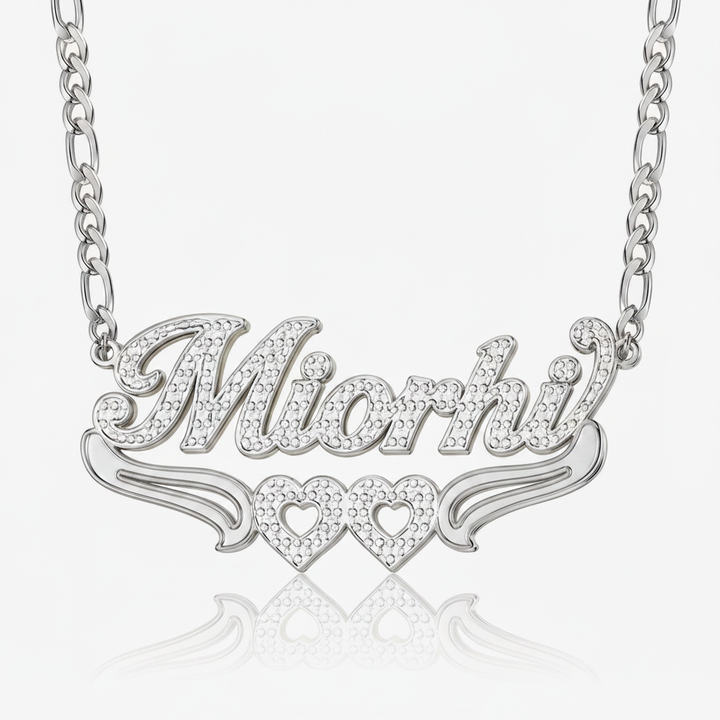 Double Plated Twin Heart Name Necklace With Figaro Chain