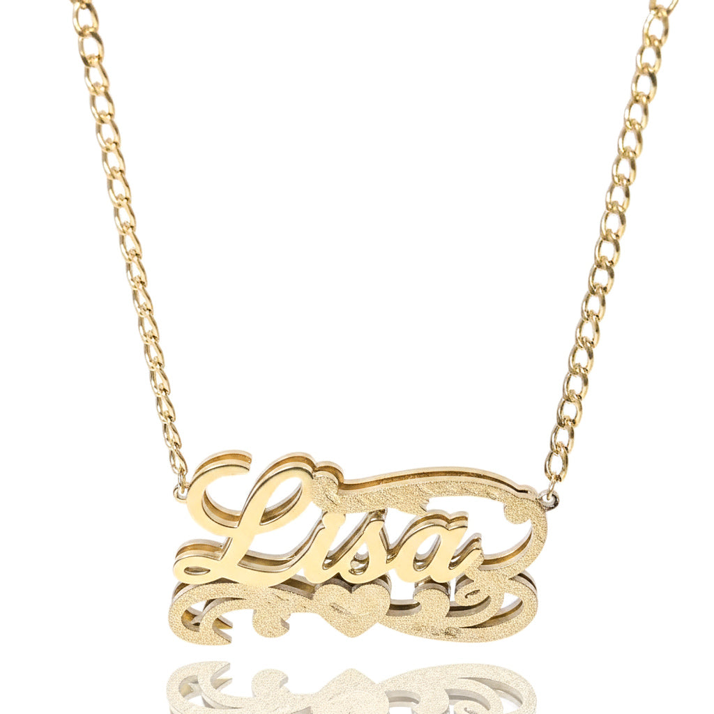 Kids Double Plated Filigree Heart Script Name Necklace W/Cuban Link Chain