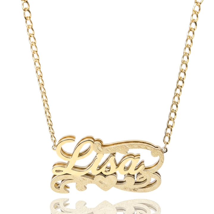 Kids Double Plated Filigree Heart Script Name Necklace W/Cuban Link Chain
