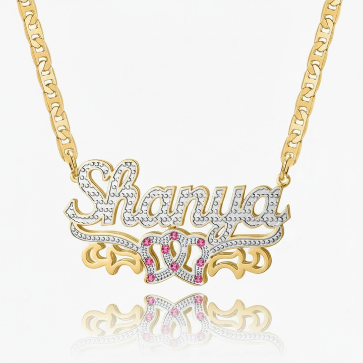 Kids Double Plated Pink Stone Heart Name Necklace W/Mariner Chain