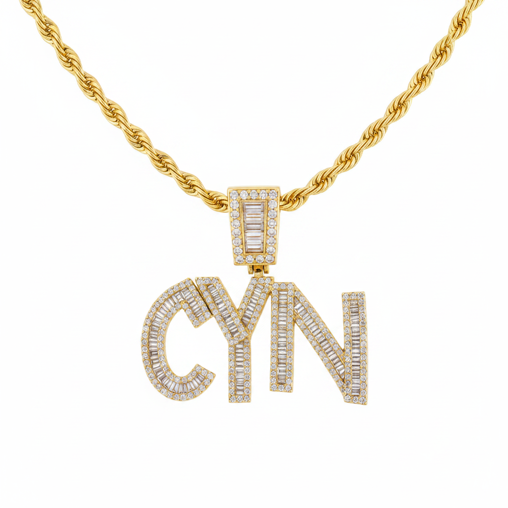 Custom Iced Out Baguette Name Necklace on Rope Chain
