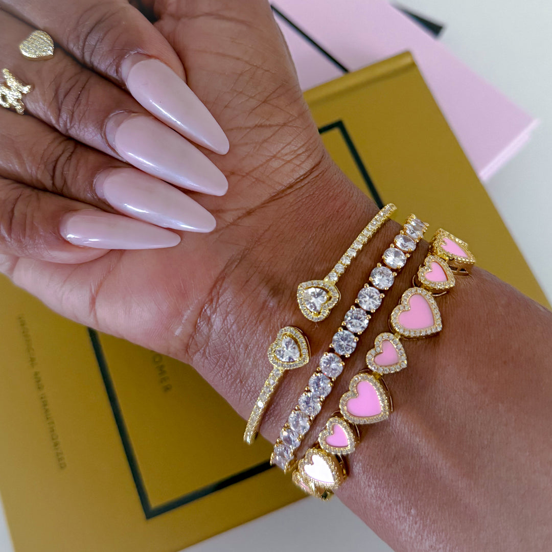 Pink Heart Gold Stack Bracelet Set