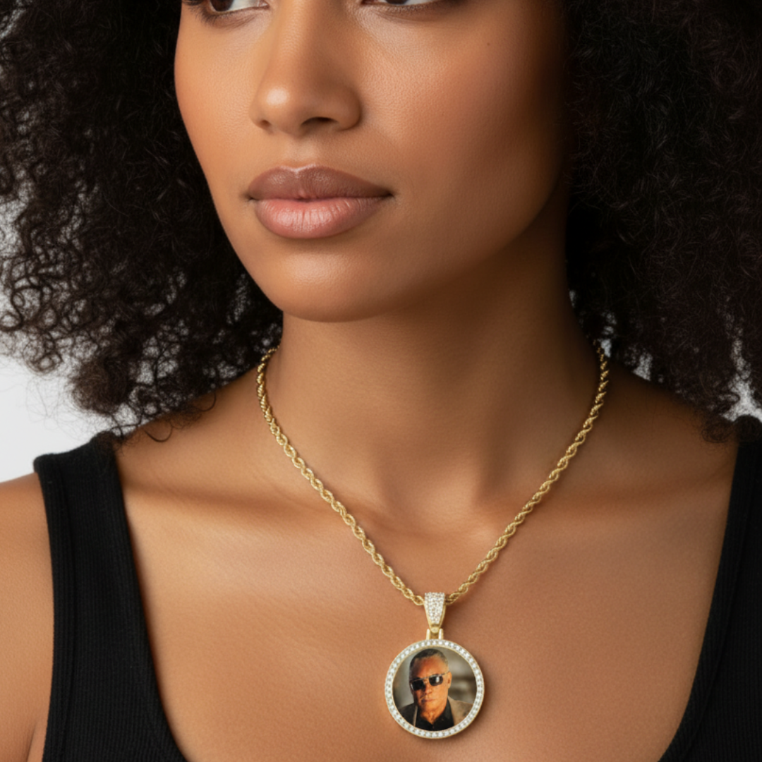 Custom Iced Round Photo Pendant Necklace