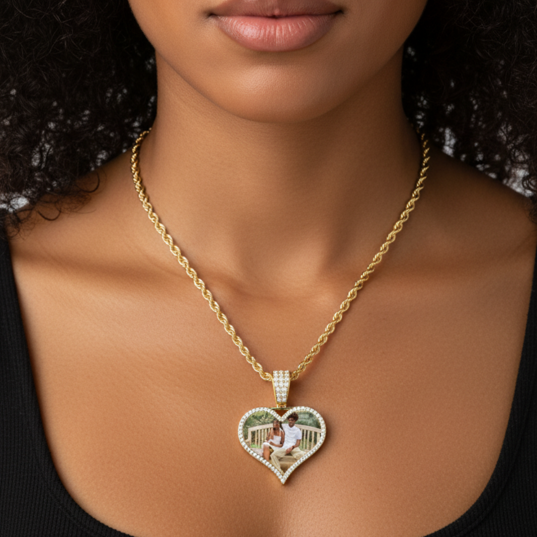 Custom Iced Heart Photo Pendant Necklace