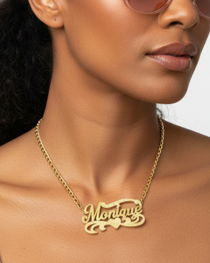 Kids Double Plated Filigree Heart Script Name Necklace W/Cuban Link Chain