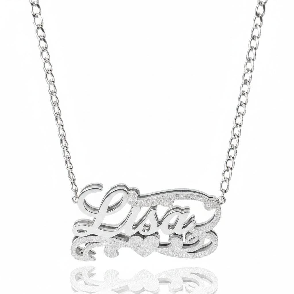 Silver Double Plated Filigree Heart Script Name Necklace with Cuban Link Chain