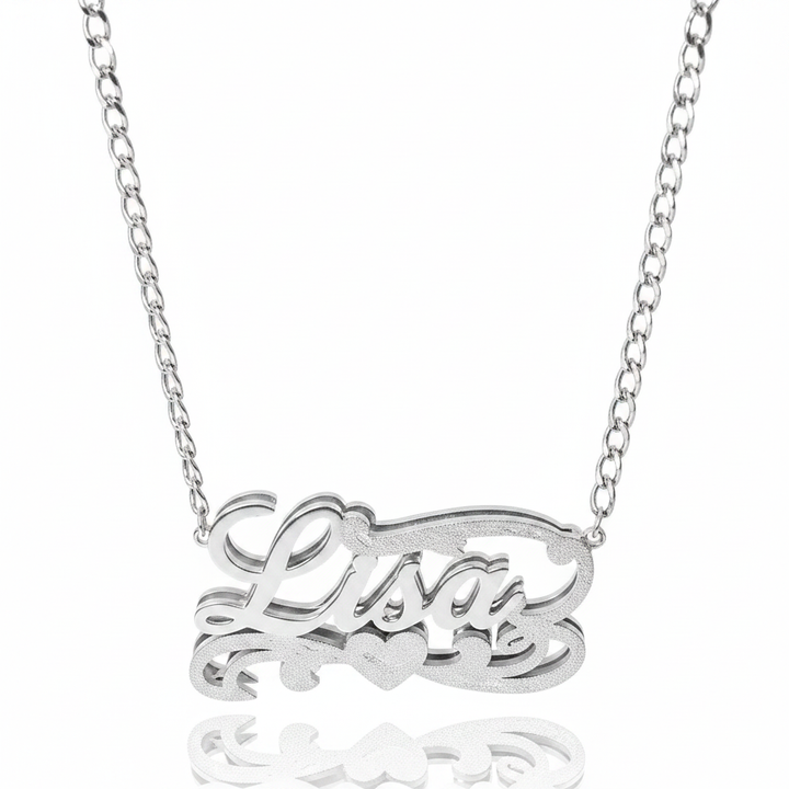 Silver Double Plated Filigree Heart Script Name Necklace with Cuban Link Chain