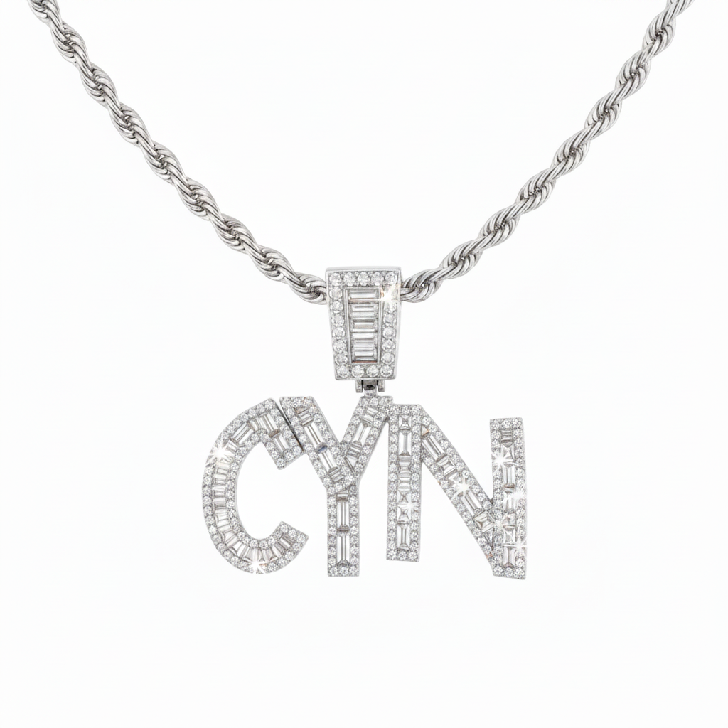 Custom Iced-Out Baguette CYN Name Necklace - Silver