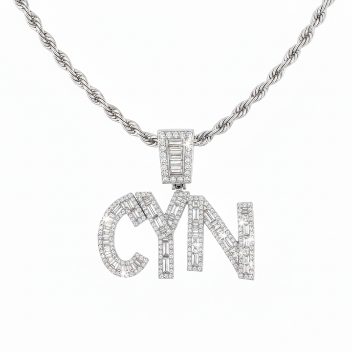 Custom Iced-Out Baguette CYN Name Necklace - Silver
