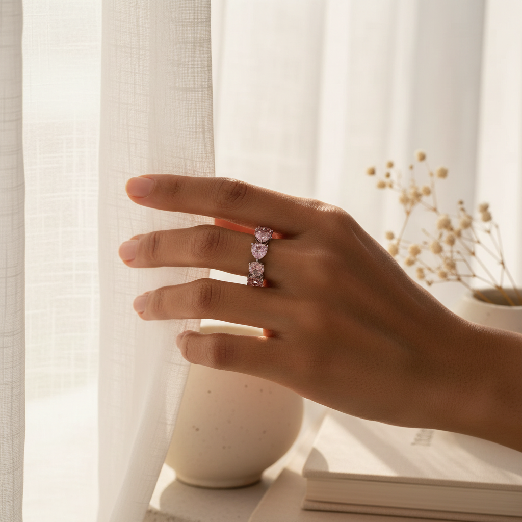 Heart eternity band ring worn on hand, lifestyle editorial shot