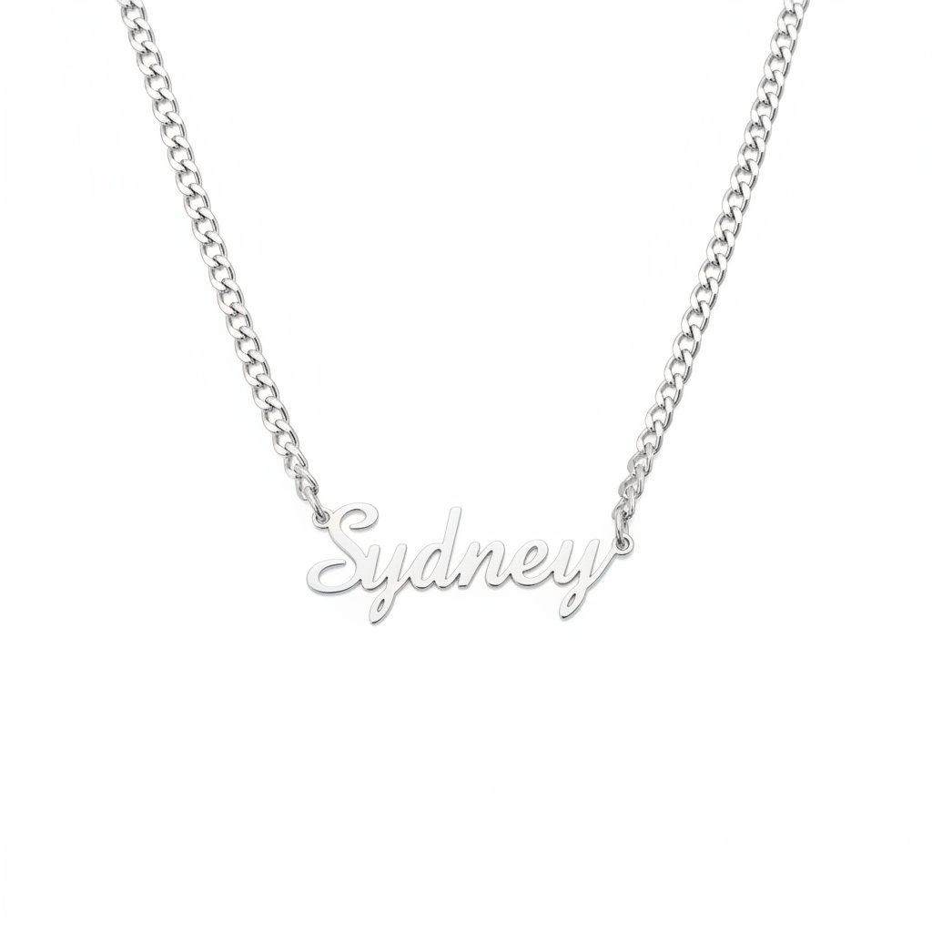 Silver script name Cuban link necklace on white background