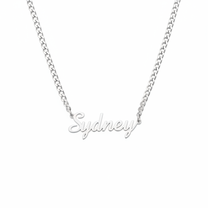 Silver script name Cuban link necklace on white background