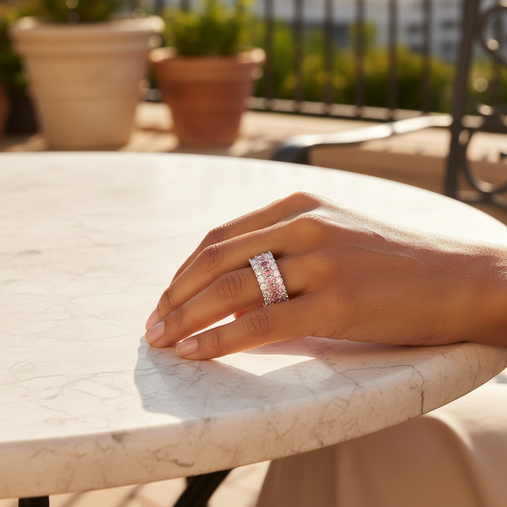 Pink eternity band ring worn on hand, lifestyle editorial shot