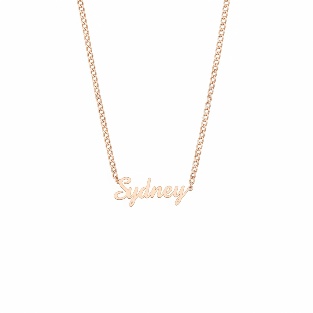 Rose gold script name Cuban link necklace on white background