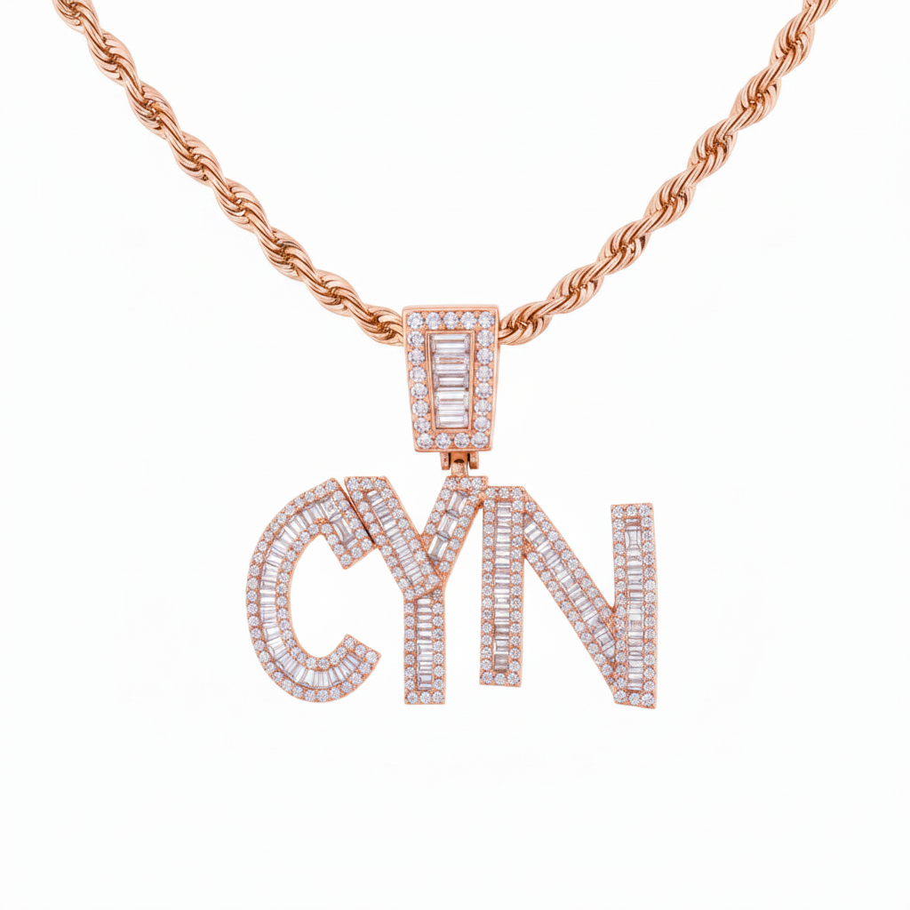 Custom Iced-Out Baguette CYN Name Necklace - Rose Gold