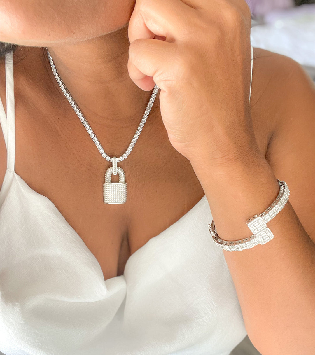 Iced Silver Lock Necklace