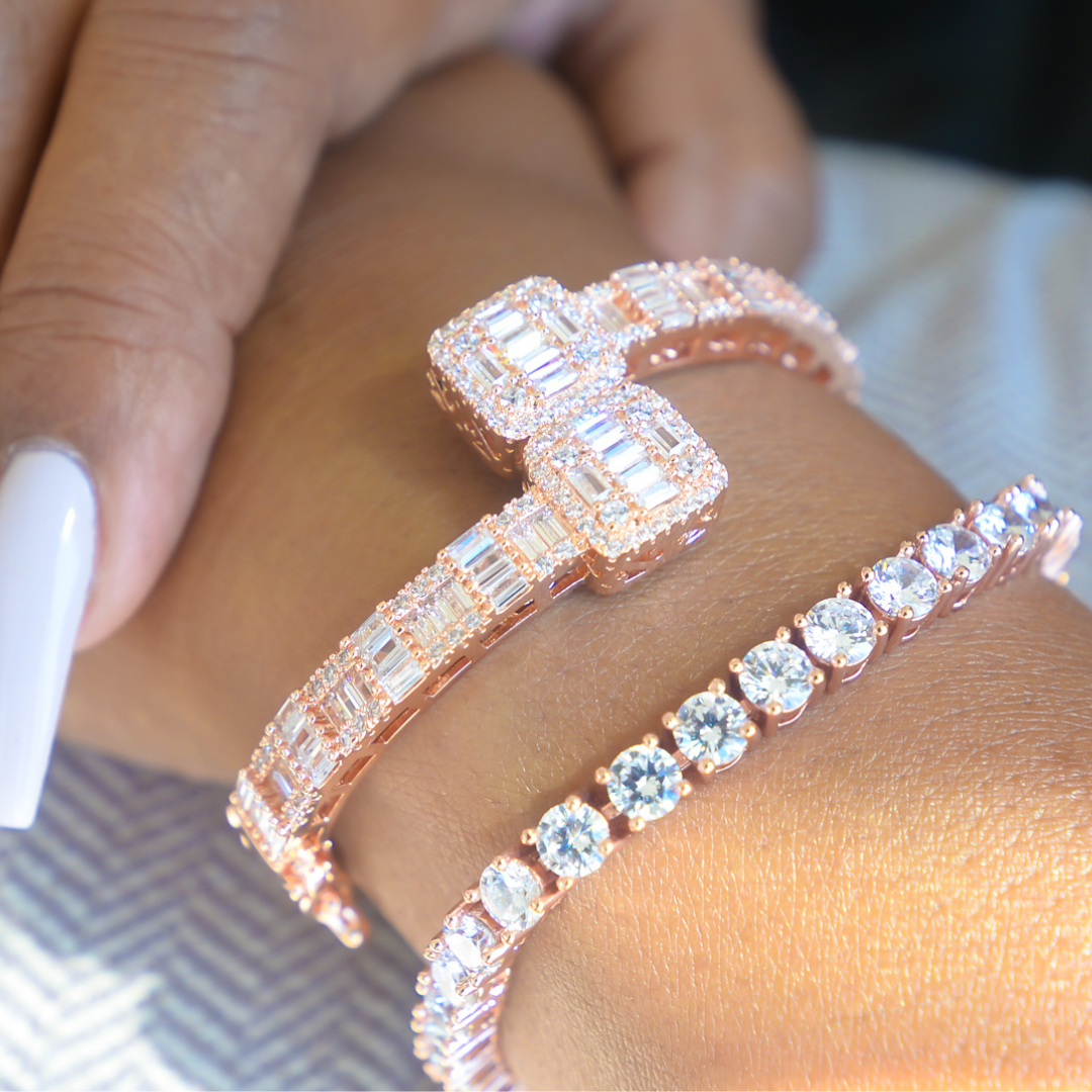 Rose Gold Iced Baguette Cuff Bangle